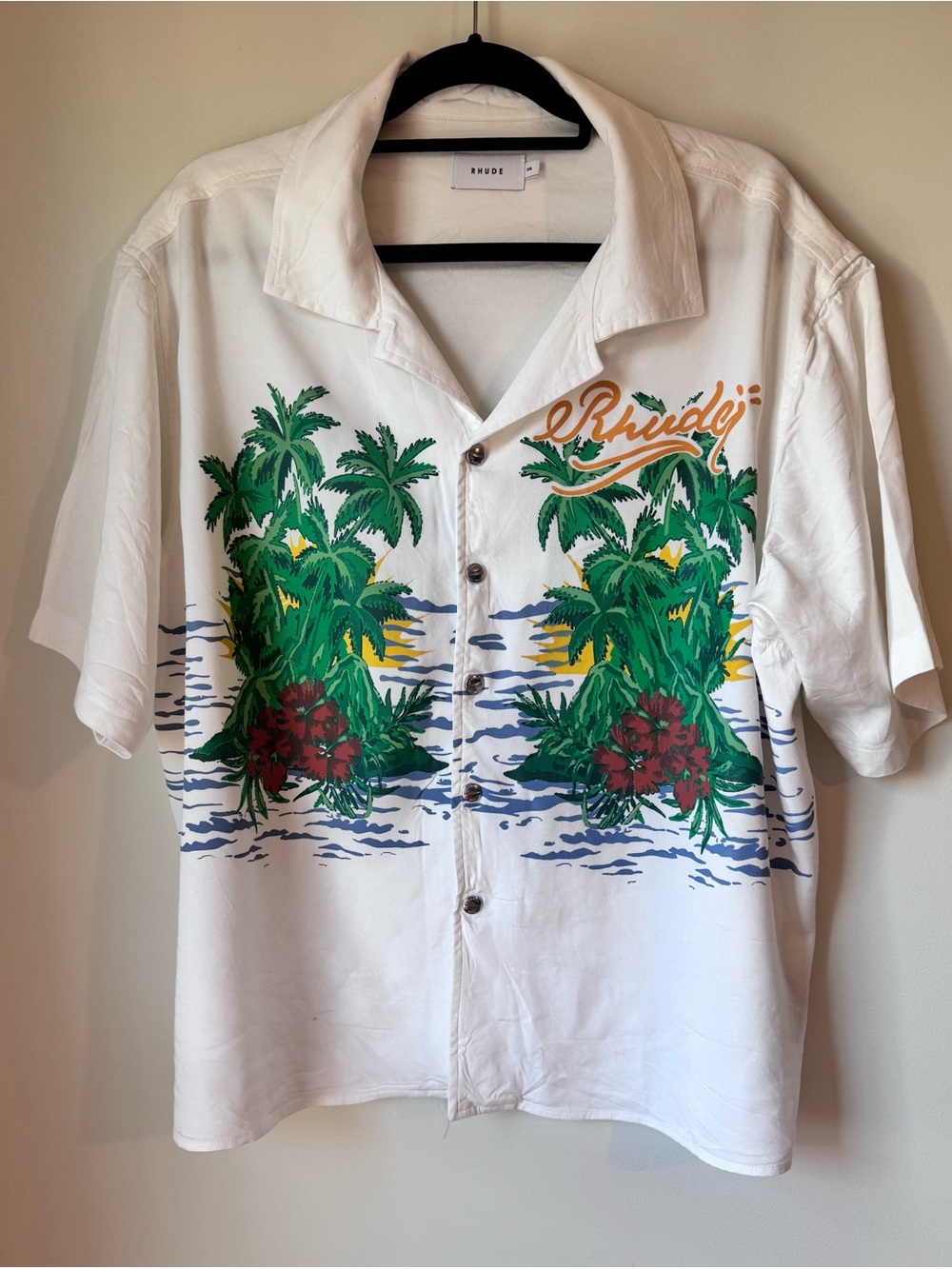 Rhude Palms Off White Snap Button Down Shirt